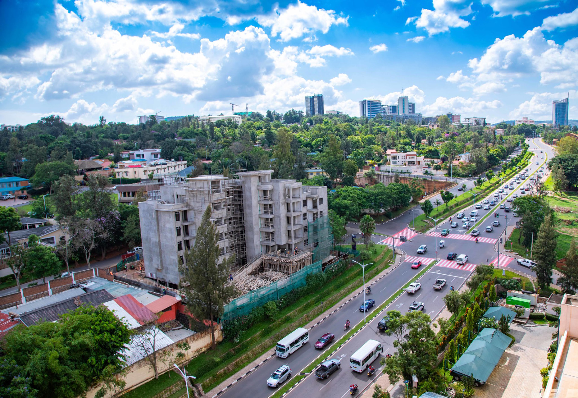 Central Kigali, Rwanda, with the downtown skyline on the ridge above green hills